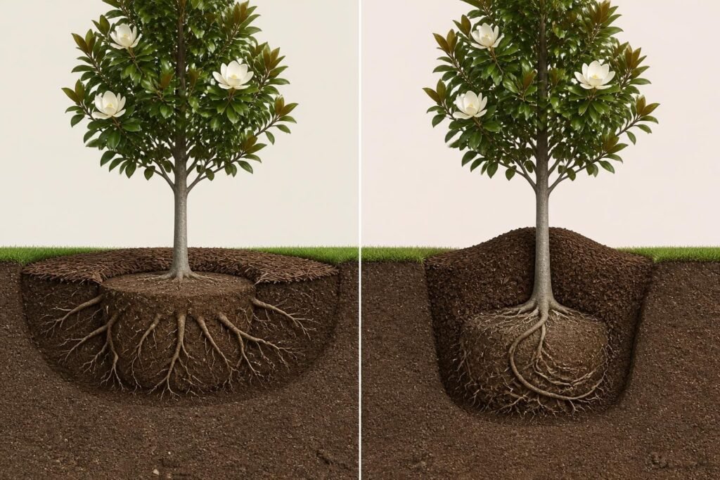 Cutaway diagram of a magnolia planting hole with the root flare above grade and a mulch ring kept off the trunk, next to a too-deep planting with mulch piled on the trunk