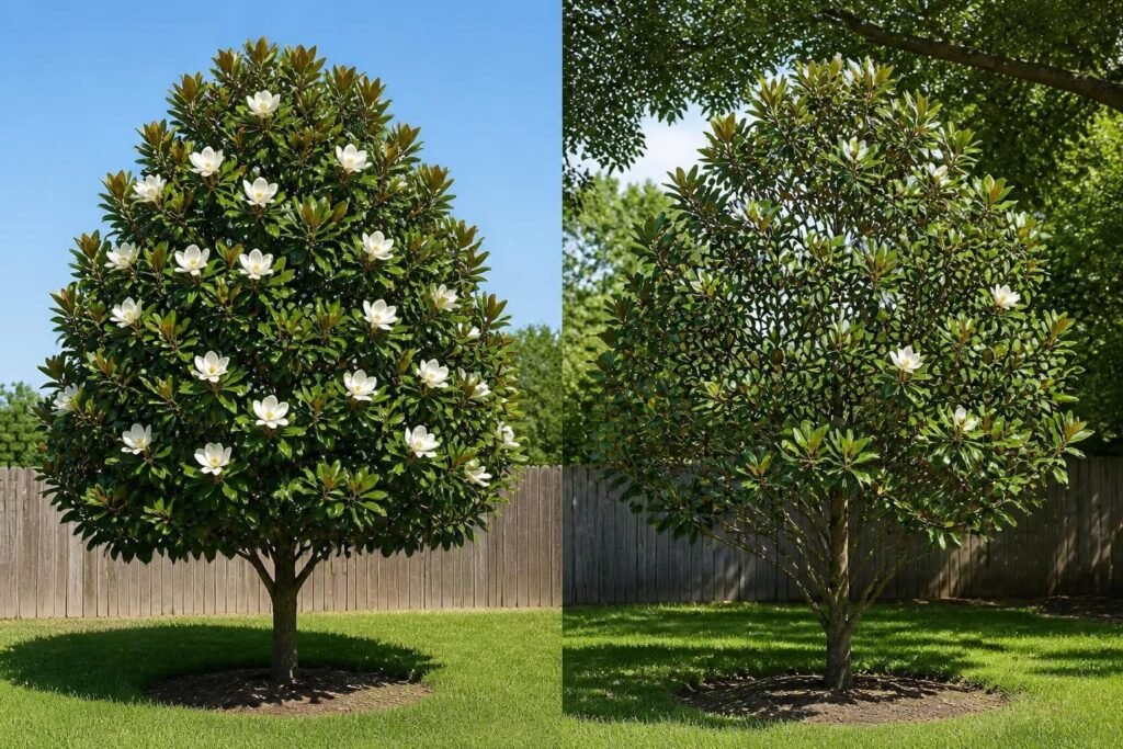 Two little gem magnolias side by side, one dense and flowering in full sun and the other thinner in partial shade