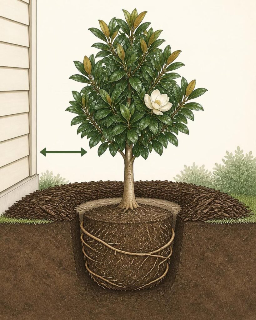 Cross-section diagram of a magnolia root ball planted with the root flare level with the soil and mulch pulled back from the trunk