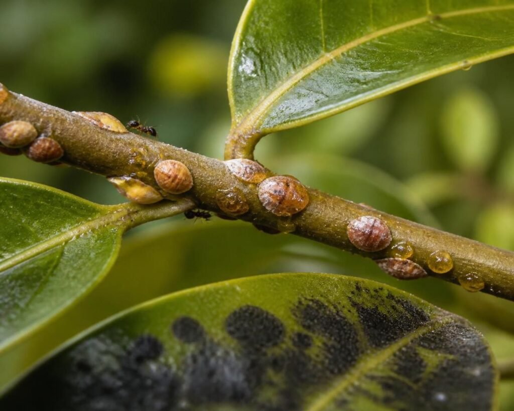 Close-up of a magnolia twig with scale insect bumps, sticky honeydew and black sooty mold on glossy leaves