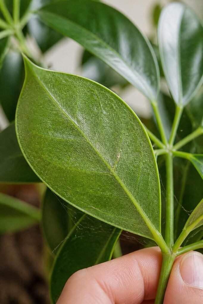 Close-up of a dwarf umbrella tree leaflet underside showing pale stippling and fine spider mite webbing