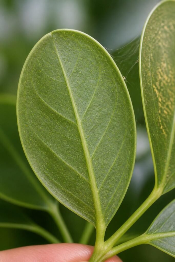 Underside of a schefflera leaflet showing fine yellow speckling and light webbing from spider mites