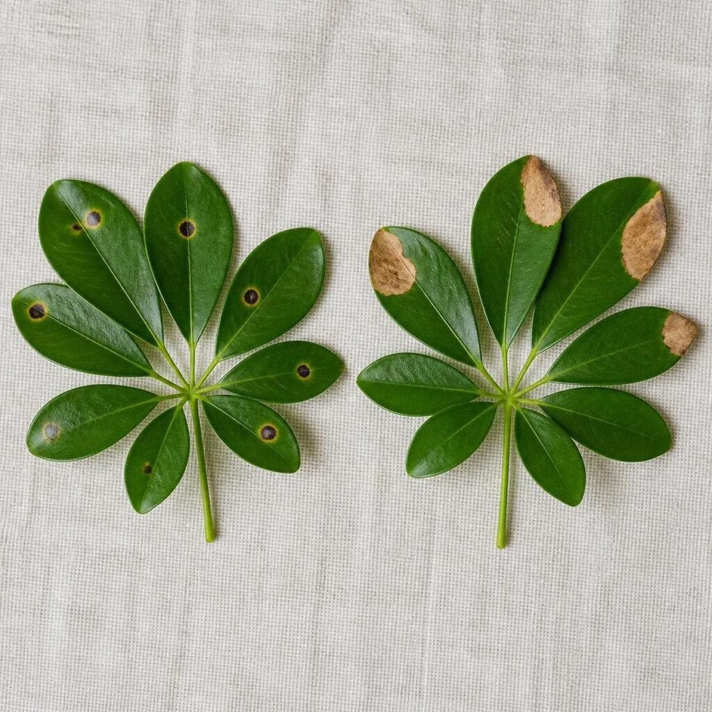 Two schefflera leaves side by side, one with dark round leaf spots and one with a dry brown cold-damage patch