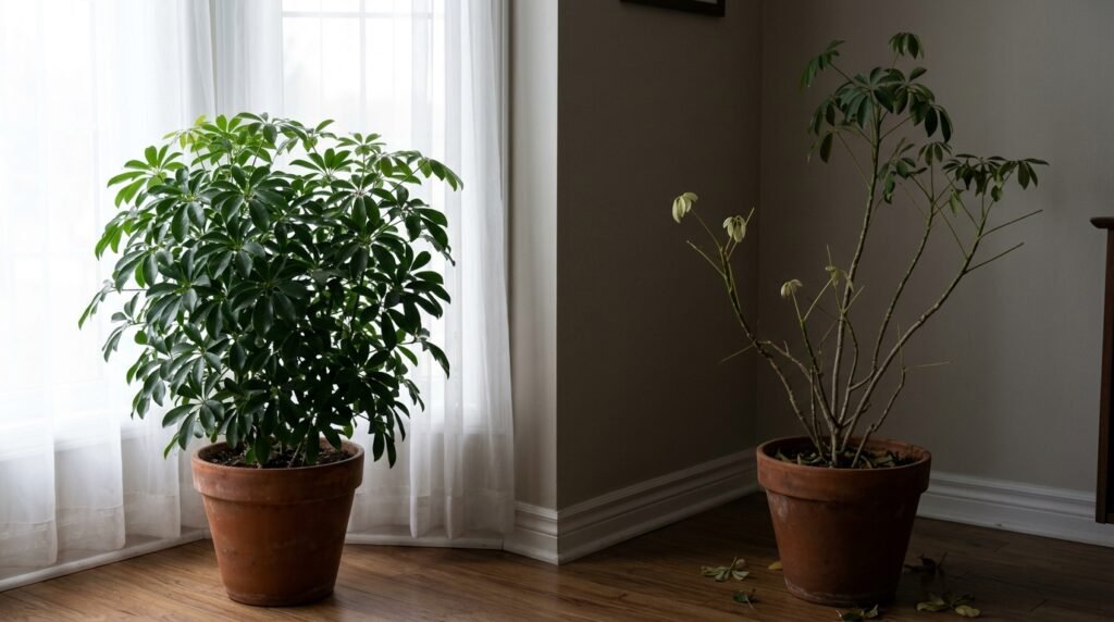 Two dwarf umbrella trees compared: a compact glossy plant by a bright window and a stretched, sparse one in a dim corner