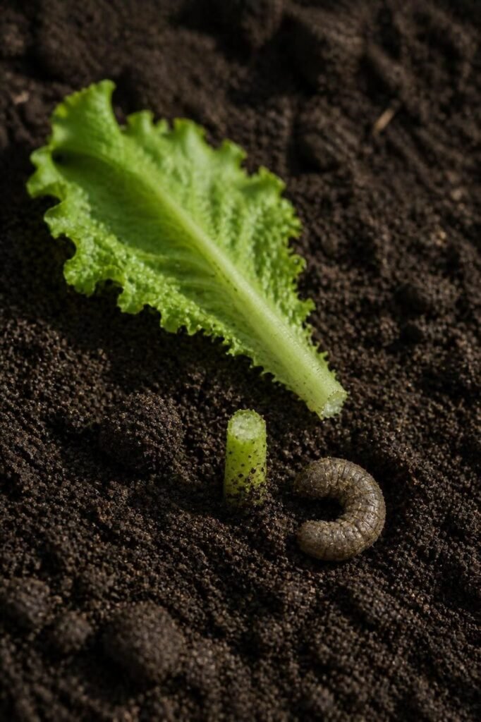 Curled cutworm in the soil beside a lettuce seedling cut off at its base