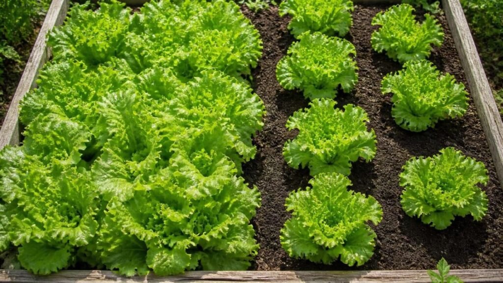 Overhead view of two lettuce rows, one crowded with touching leaves and one thinned with clear gaps between heads