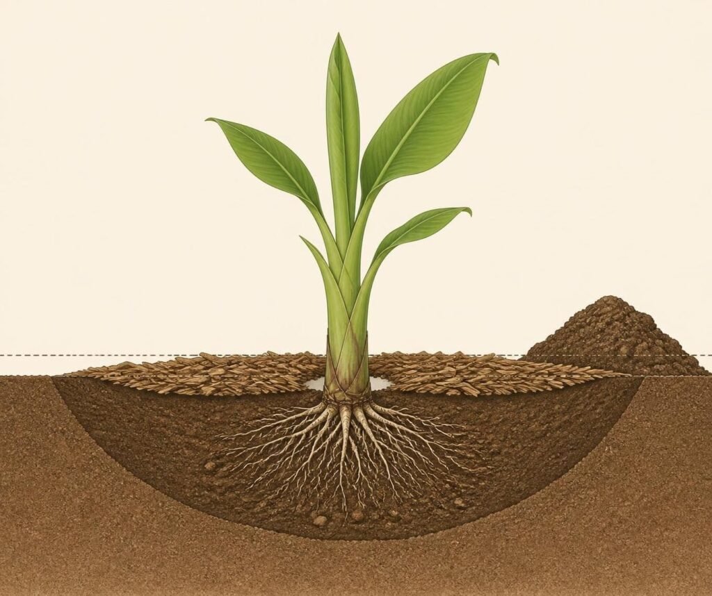Cross-section drawing of a banana plant in a wide planting hole, root ball top level with the soil, mulch pulled back from the stem