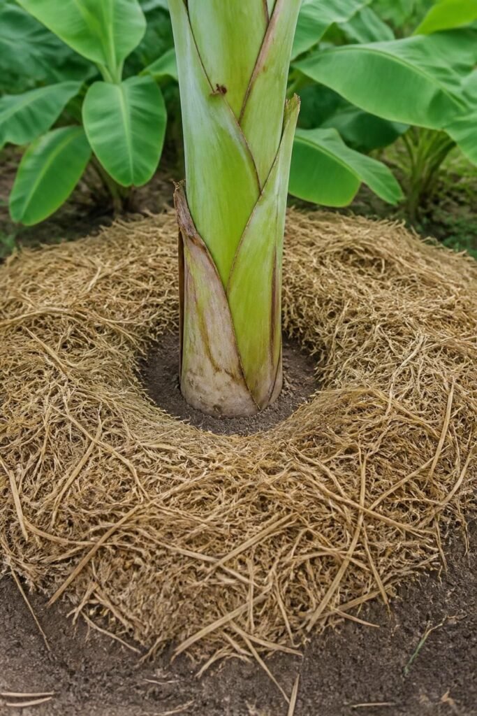 A ring of dry grass mulch around a banana pseudostem, kept a few inches clear of the trunk