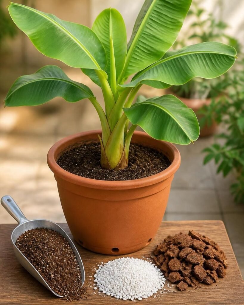 Banana plant in a pot with drainage holes next to perlite and pine bark potting mix