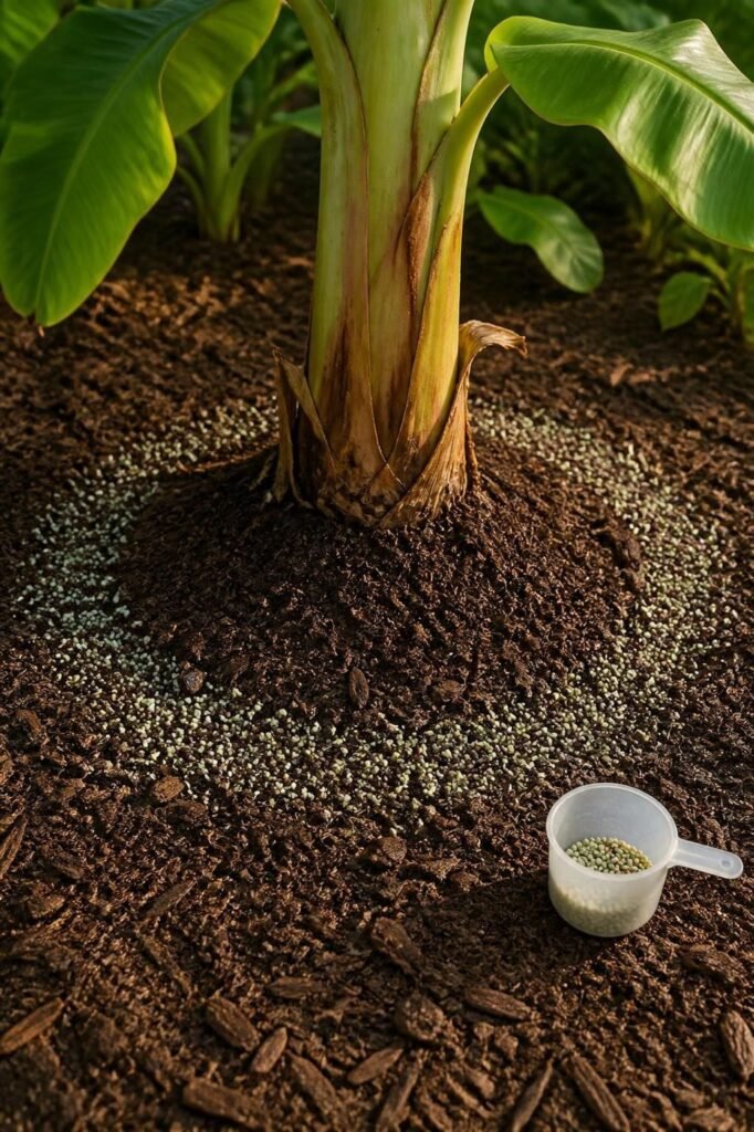 Granular fertilizer scattered in a wide ring over mulched soil around a banana plant, with a measuring cup resting beside it