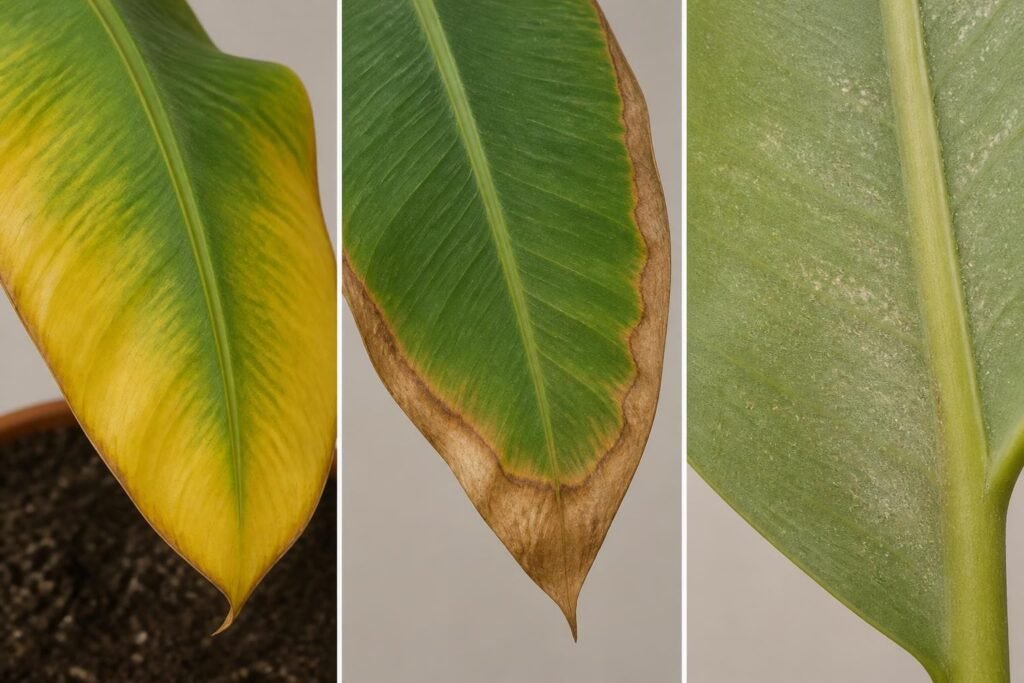 Side-by-side banana leaves showing yellowing from wet soil, dry brown edges and fine speckling from spider mites