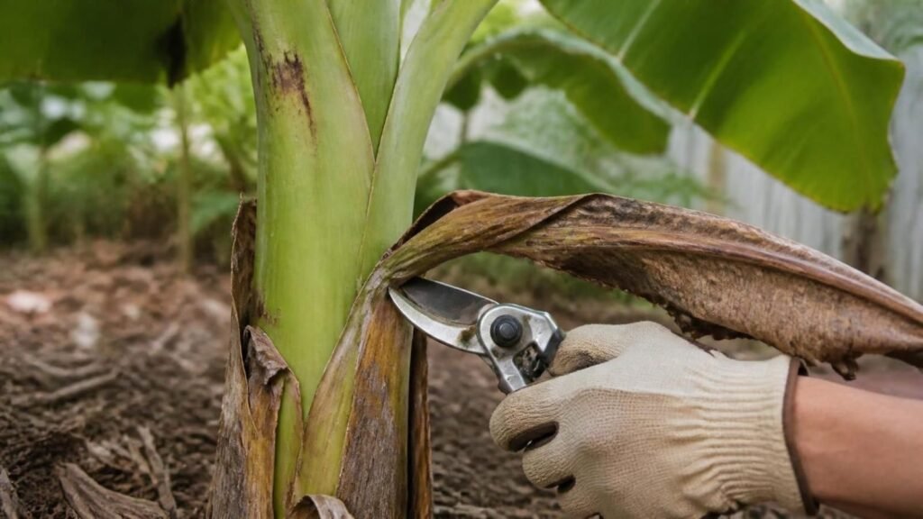 Gardener's hand cutting a dead banana leaf stalk close to the stem with a sloped cut