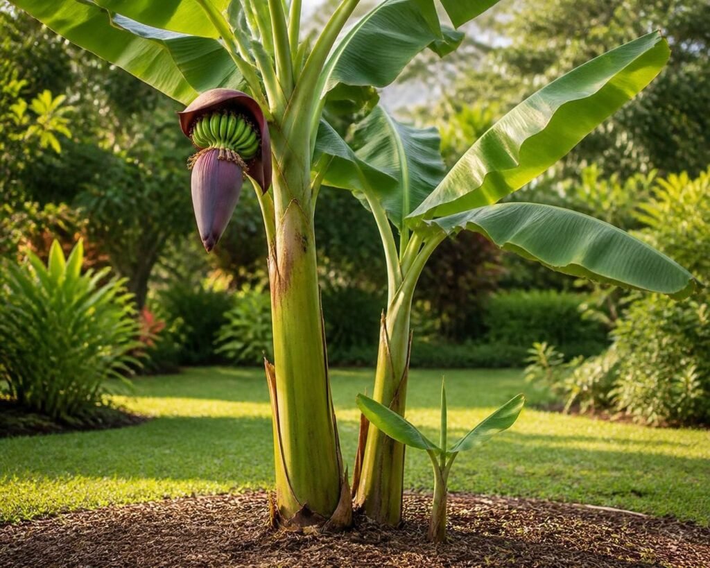 Banana clump with three stems of different ages: one carrying a bunch, one half grown and one small sucker at ground level