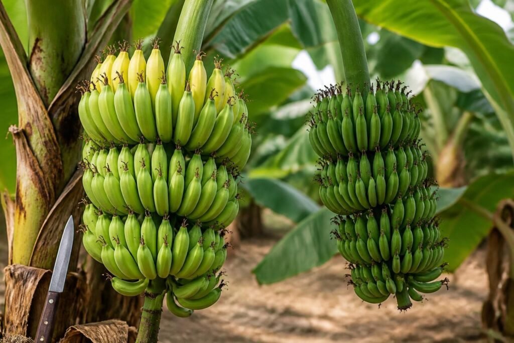 Ripe-ready banana bunch with plump rounded fingers beside an immature bunch with angular edges