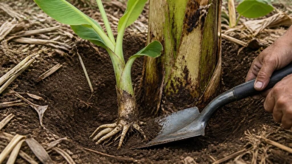 Spade cutting down between a banana pup and the mother corm in a dug-out hole, with the pup's roots still attached