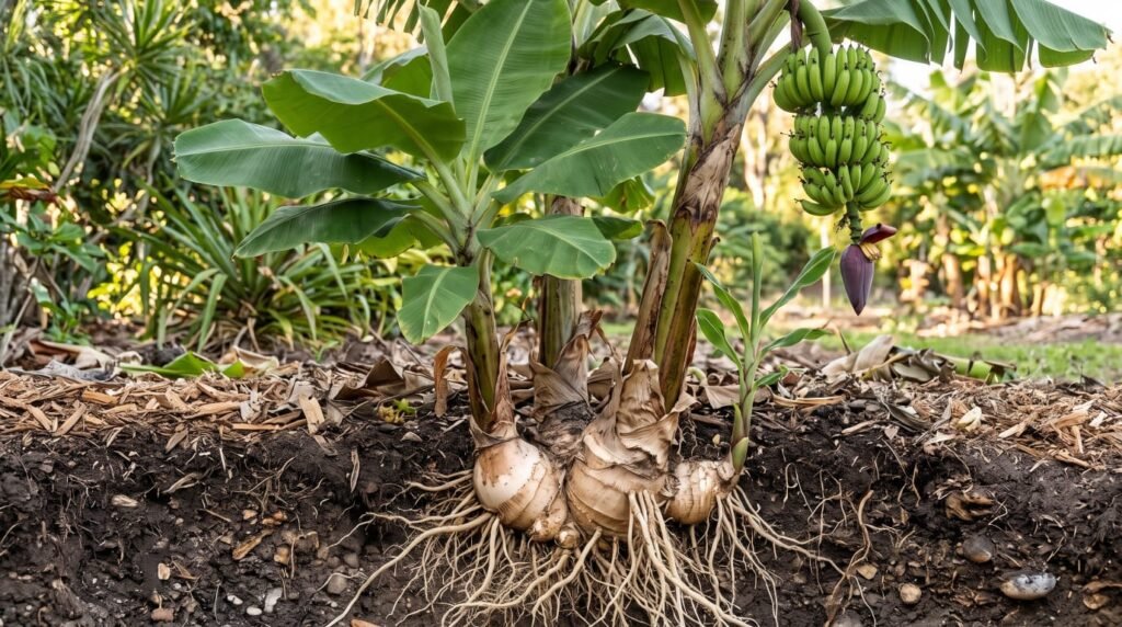 Banana clump with a fruiting stalk, a half-grown stalk and a small sucker rising from one underground corm
