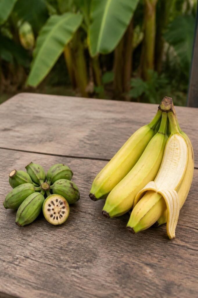 Small seedy fruits of an ornamental banana beside a full bunch of edible Cavendish bananas for comparison