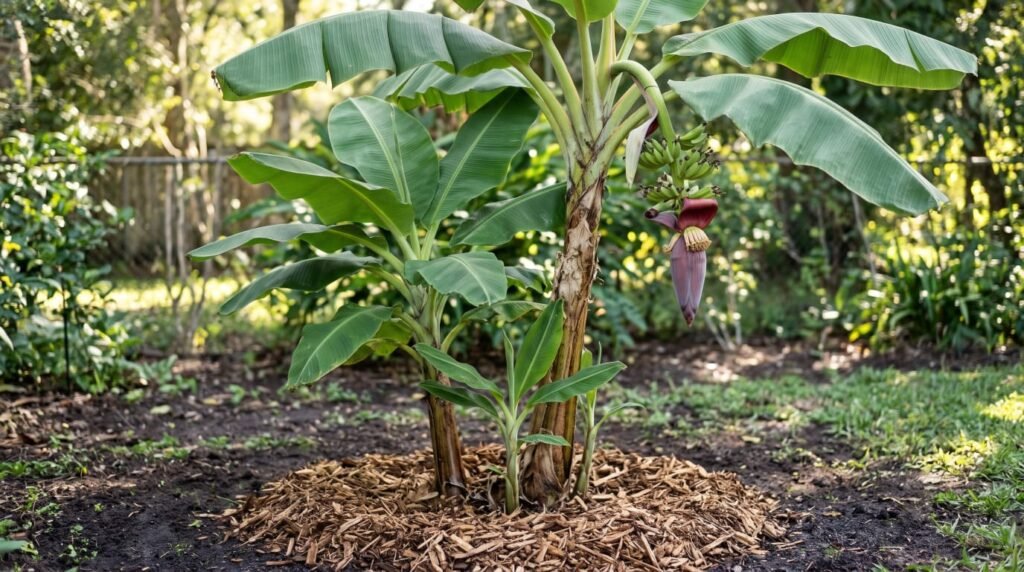 A banana clump with a fruiting stalk, a half-grown stalk and a small sucker growing from one rhizome