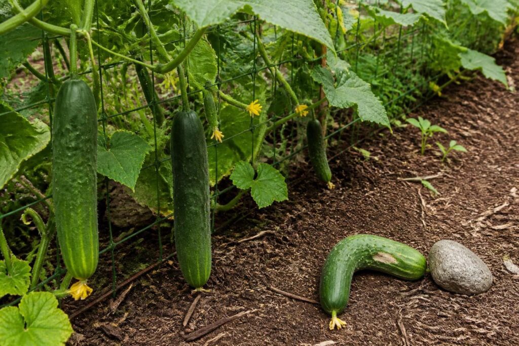 Straight cucumbers hanging from a trellis net beside a bent cucumber that grew pressed against bare soil