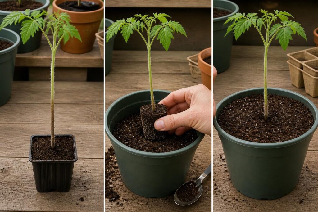 Gardener repotting a tall tomato seedling with its stem buried deeper in the pot up to the first leaves
