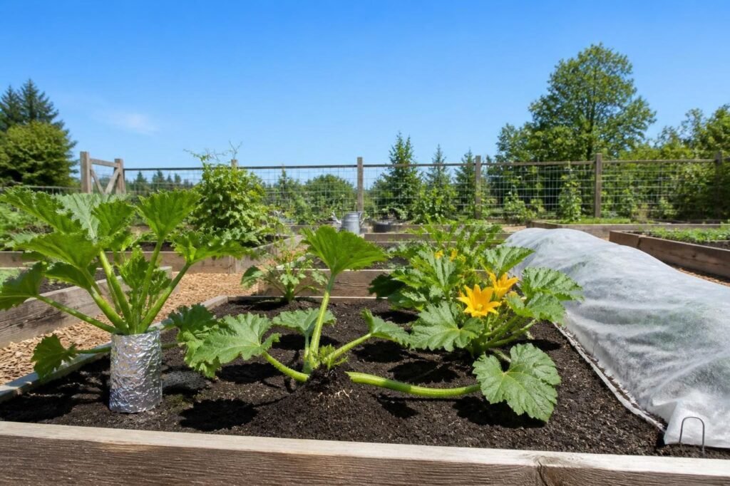 Young squash plants in a raised bed, one with a foil collar at the stem base, one with soil mounded over a vine node, and a neighboring row cover