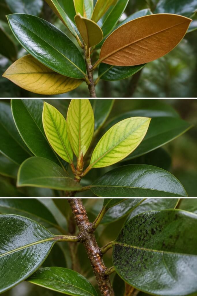 Close-up comparison of healthy glossy magnolia leaves with bronze undersides, pale yellow new leaves with green veins, and sooty mold on a scale-infested twig