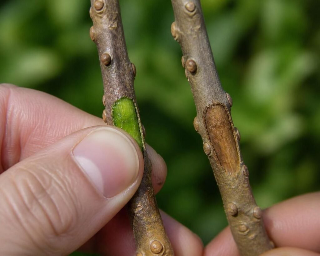 Thumbnail scratching the bark of a magnolia twig to show green living tissue under the surface