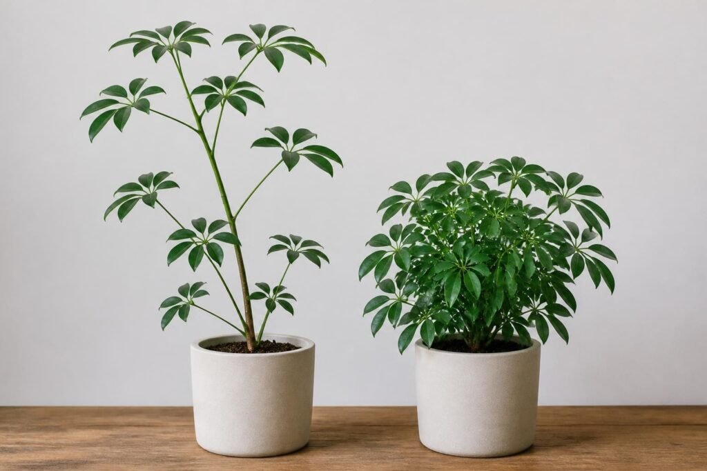 Two dwarf umbrella trees side by side, one stretched and gappy and one bushy after pinching the stem tips