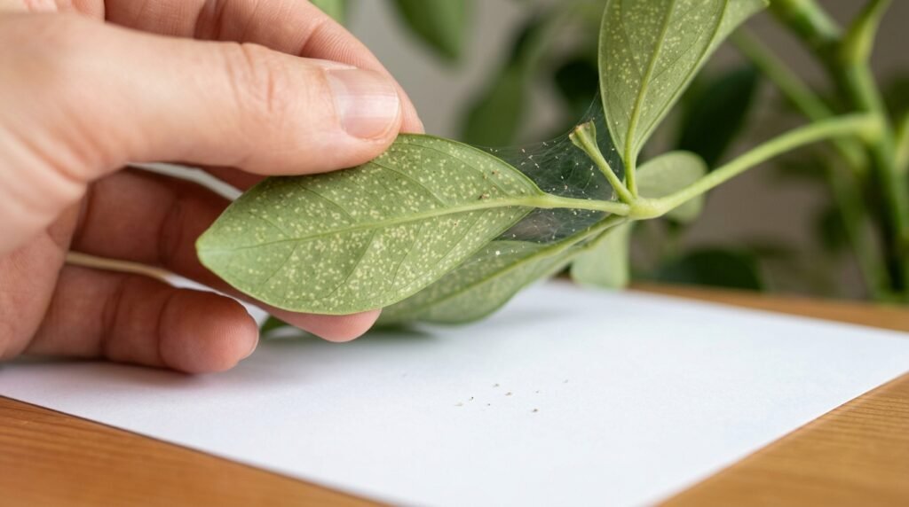 Underside of a schefflera leaf with fine spider mite webbing and pale stippling, held over a sheet of white paper