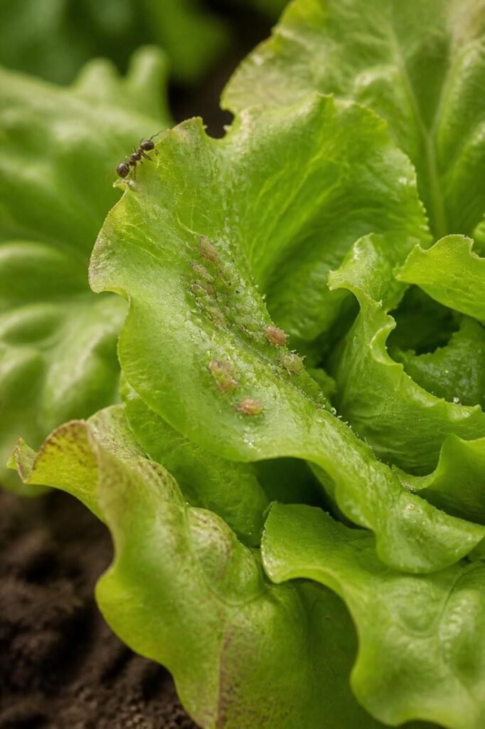 Aphid colony on the inner leaves of a lettuce head with a sticky honeydew shine and an ant nearby