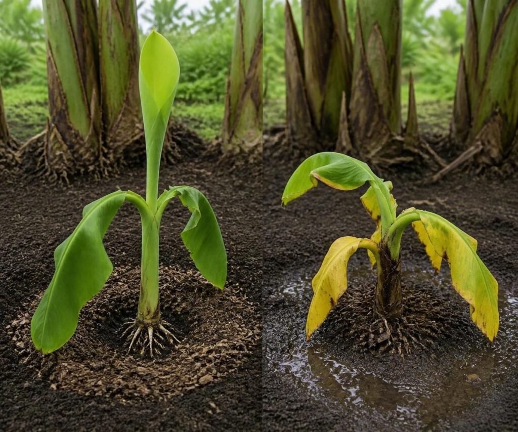 Comparison of a newly planted banana with wilted lower leaves and a new center leaf unrolling, beside one with yellowing leaves in soggy soil