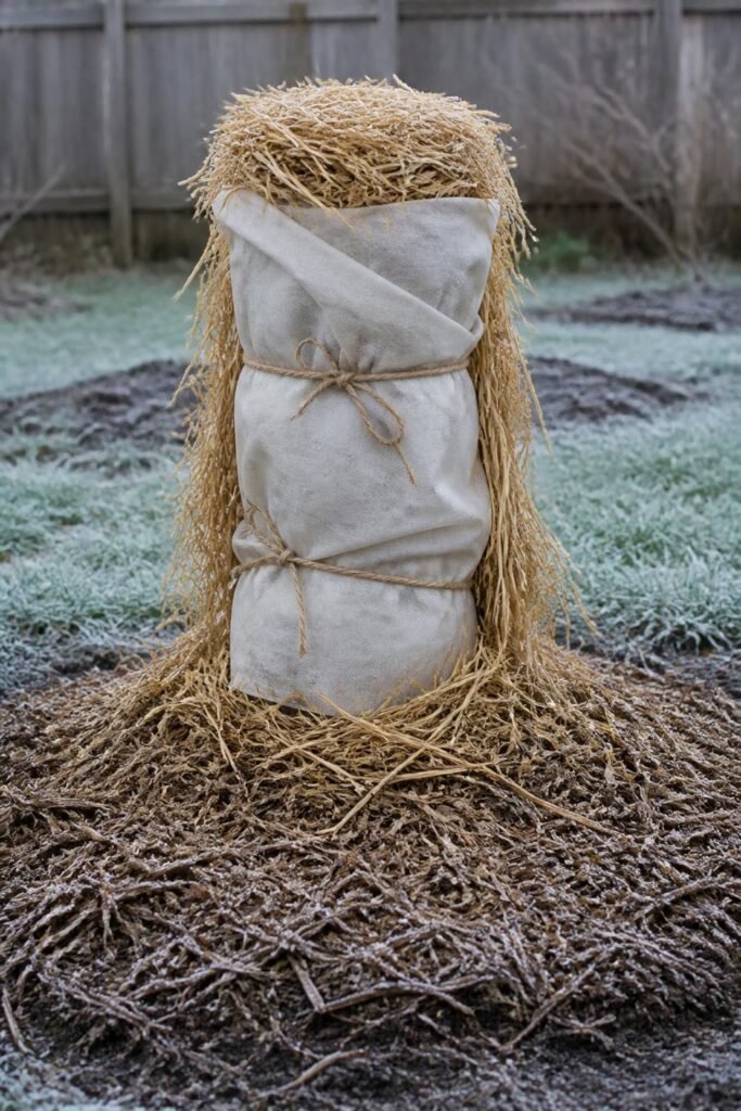 A banana pseudostem wrapped in horticultural fleece and straw for winter frost protection