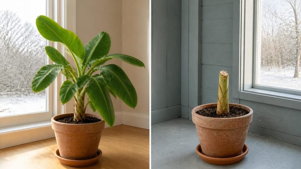 Two winter paths for a potted banana plant: growing by a bright window or resting cut back in a cool spot