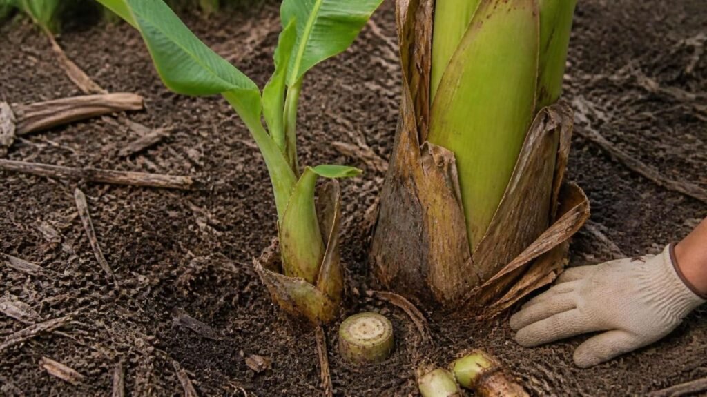 Base of a banana clump with one strong sucker left standing and a smaller sucker cut at soil level