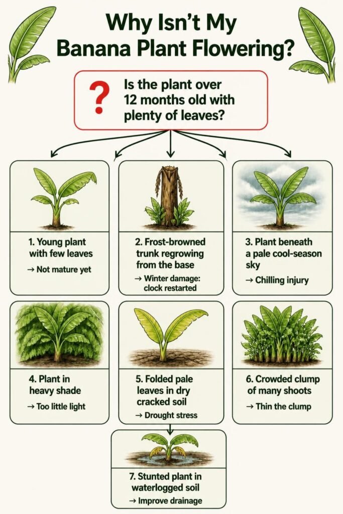 Troubleshooting chart for a banana tree not flowering, with branches for age, winter damage, cold, shade, drought and soggy soil