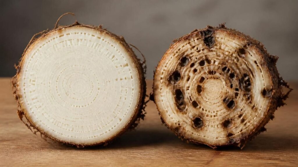 Two banana corm cross-sections, one with clean creamy-white tissue and one with dark tunnels and brown spots