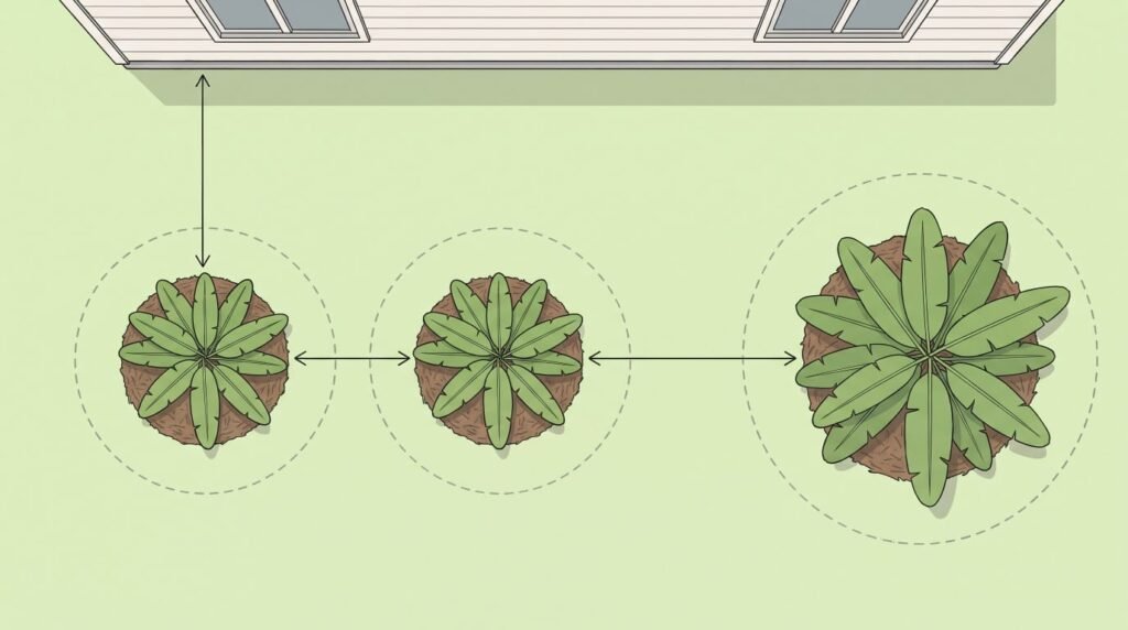 Overhead garden plan of banana clumps spaced from a wall, with a grass-free ring and a wider root zone
