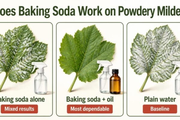 Infographic comparing baking soda spray, baking soda with horticultural oil and plain water for powdery mildew control
