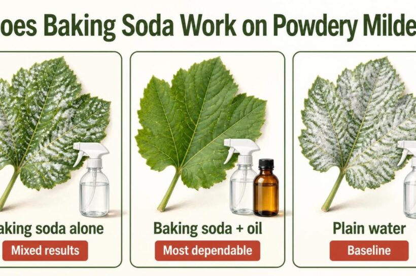 Infographic comparing baking soda spray, baking soda with horticultural oil and plain water for powdery mildew control