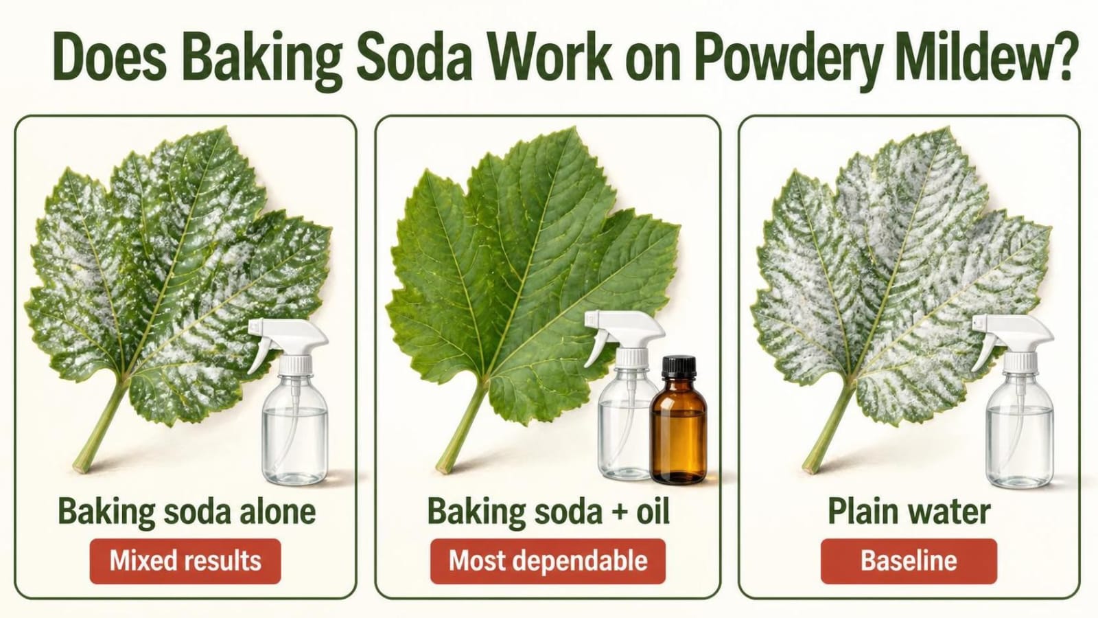 Infographic comparing baking soda spray, baking soda with horticultural oil and plain water for powdery mildew control