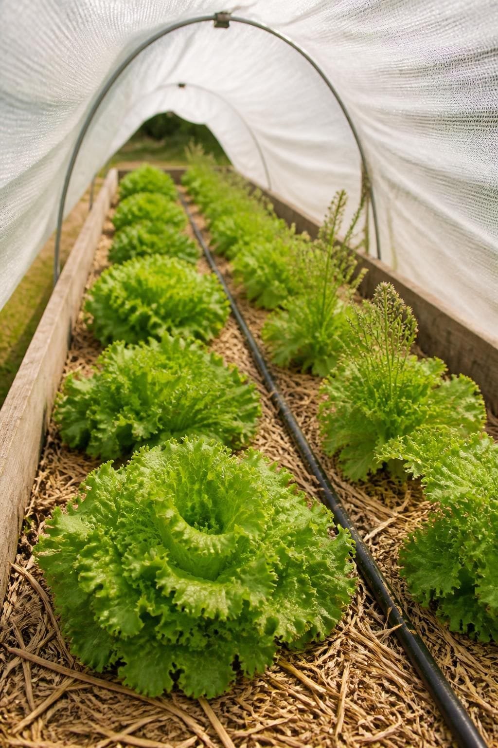 Bolted lettuce cut back to a short stub beside a basket of harvested outer leaves and a flowering stalk left to set seed