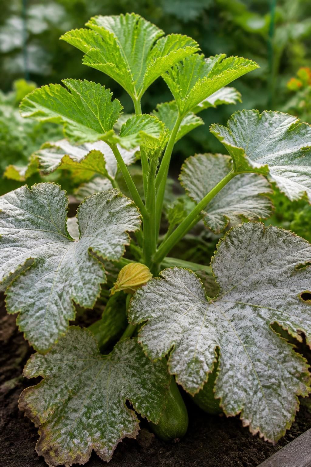 A squash plant with clean new leaves growing above older leaves coated in white powdery mildew