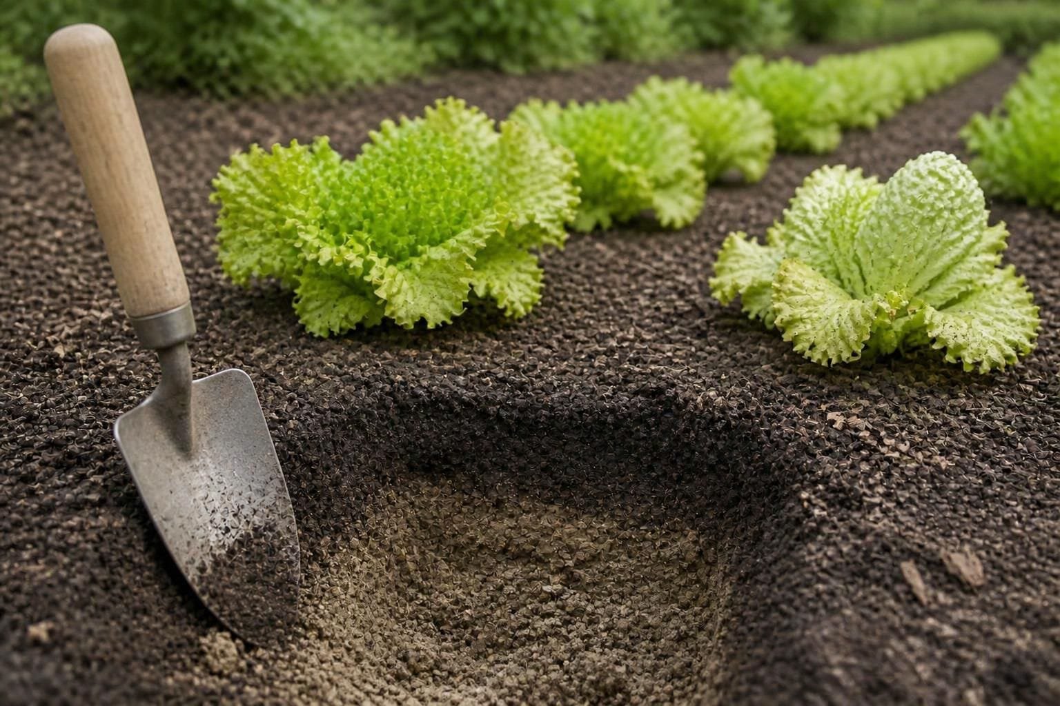 Small trowel hole in a lettuce bed showing dry soil under a damp surface layer