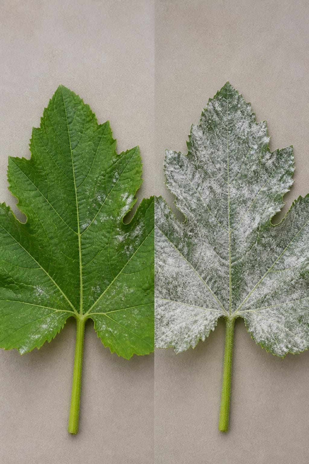 Two leaves side by side: one with a few small powdery mildew patches and one thickly coated in white powdery mildew