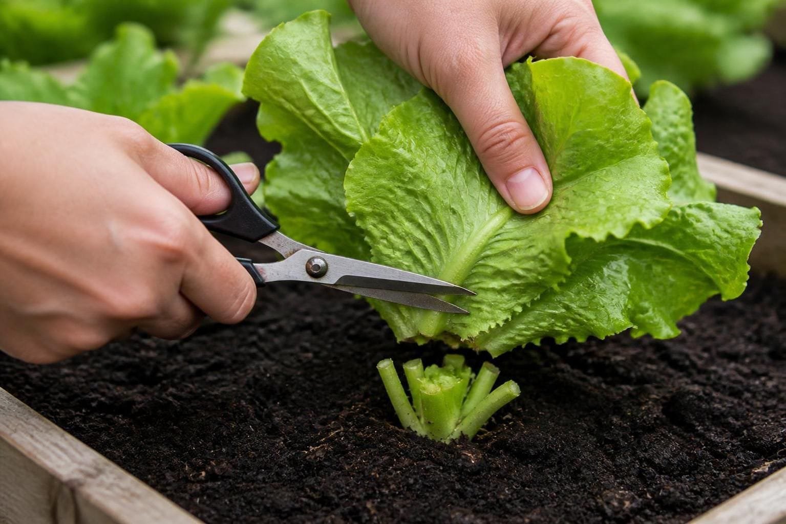 Scissors cutting leaf lettuce about an inch above the soil with the central crown left intact