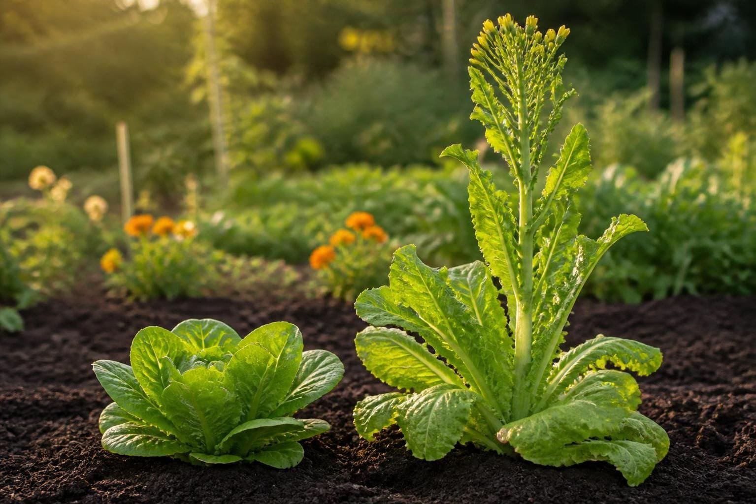 A healthy lettuce rosette beside a bolted lettuce plant with a tall flower stalk and loosened leaves