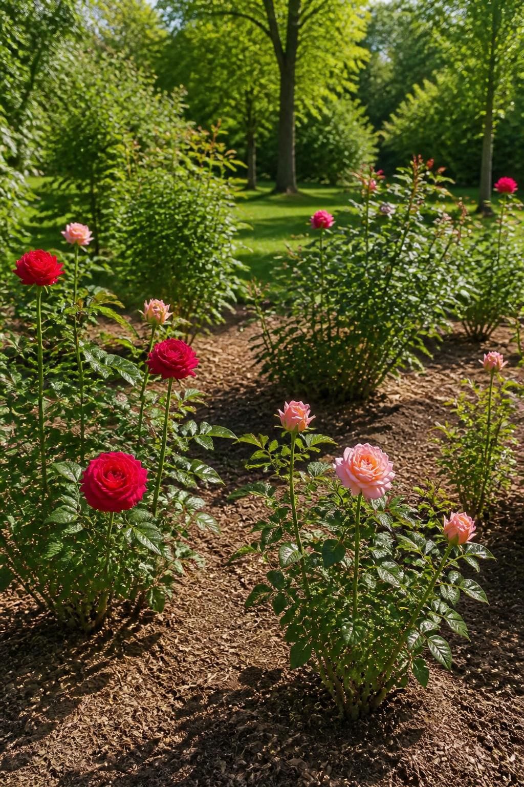 Healthy rose shrubs growing in full sun with open centers and space between plants to prevent powdery mildew