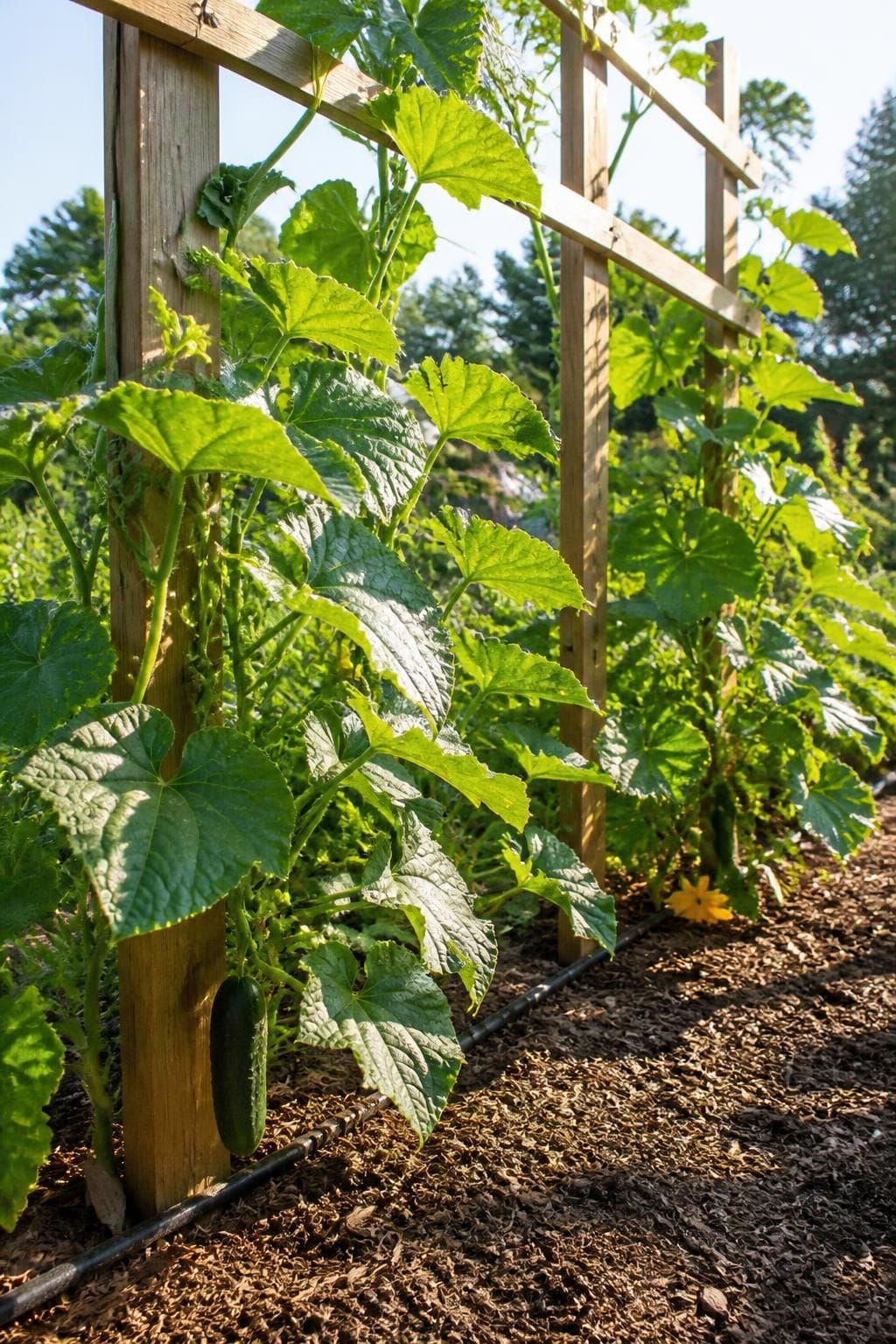 Cucumber and squash vines trained up a trellis in full sun with a drip line and wide spacing for airflow
