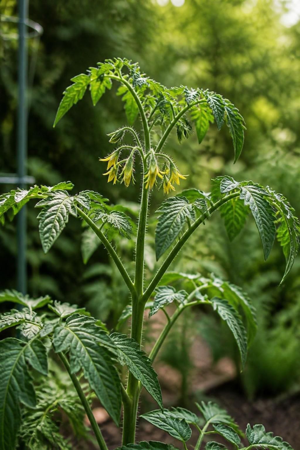 Healthy tomato plant with a new cluster of yellow flowers on fresh upper growth, balanced green foliage and visible flower buds