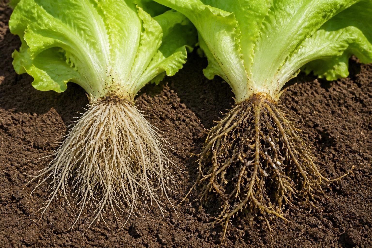 Healthy white fibrous lettuce roots next to dark, knotted, damaged roots pulled from the soil